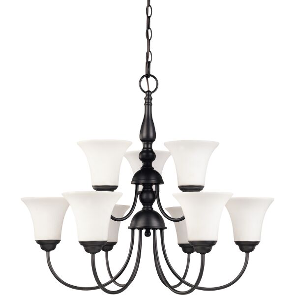 Nuvo Lighting 60/1843  Dupont - 9 light 2 Tier 27" Chandelier with Satin White Glass in Dark Chocolate Bronze Finish